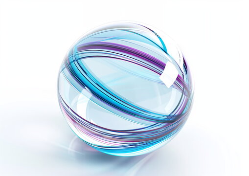 Abstract transparent glass sphere with blue and purple lines on white background, 3d rendering illustration of futuristic abstract shape with holographic element - Powered by Adobe