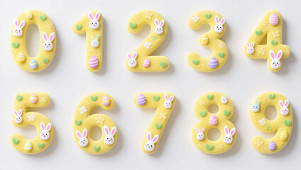 Cute Easter numbers set from 0 to 9 with bunny faces, pastel eggs and spring elements. Playful yellow 3D digits for children, education, holidays and festive design.