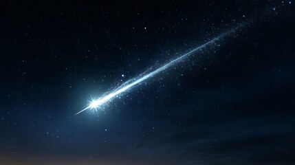 A stunning meteor streaks across the dark night sky, leaving a trail of light and excitement, a breathtaking celestial event in the vast universe.