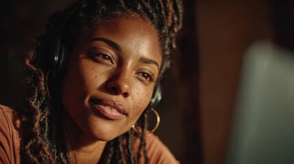 Freelancer working on laptop with headphones in dimly lit space