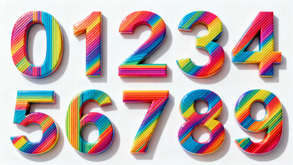 Colorful rainbow numbers from 0 to 9 made of layered clay texture. Vibrant 3D digits perfect for modern design, education, posters, kids content and creative projects.