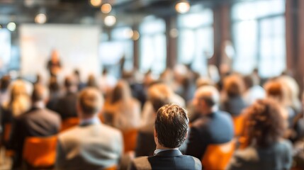 A large group of professionals sit in a conference room listening to a speaker, with a blurred background and a focus on the audience's attention