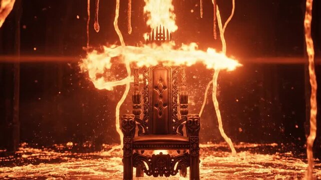 Ornate dark throne in fiery lava landscape with molten streams