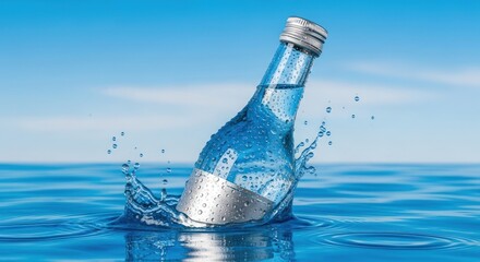 A refreshing glass water bottle splashes dramatically into clear blue water against a bright sky.