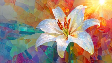 Stained glass artwork depicting a white lily, sunbeams coming from the corner