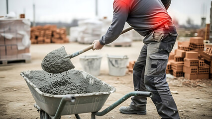 Construction worker shoveling cement with lower back pain. Manual labor and occupational injury concept.