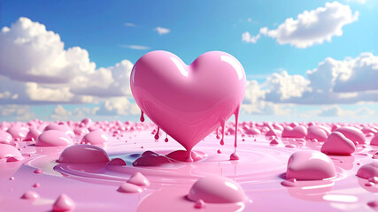 ピンクのチョコレートの海から出てきたピンクのハートのチョコレート