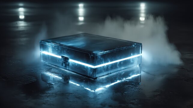 Abstract glowing box with blue light and vapor futuristic design