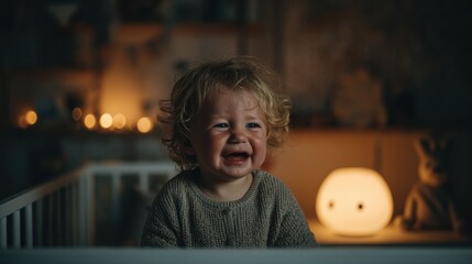 Child in crib expressing emotions in a softly lit room with a night light at bedtime