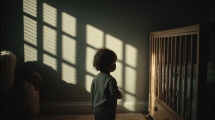 Child stands in a nursery with shadows on the wall during morning light