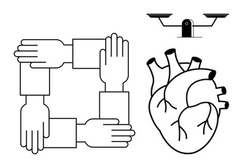Teamwork, healthcare, justice, ethics, collaboration, equality. Linked hands unity, a detailed human heart and justice scales. Teamwork and healthcare concepts in a clean style