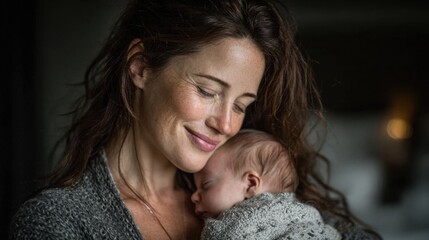 Mother holds her baby close in a quiet moment of bonding and love at home during the day