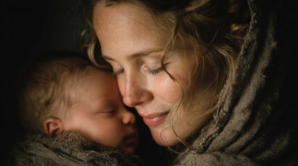Mother holds baby close while sharing a moment in a dimly lit space