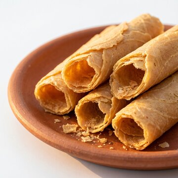 Crispy Golden Kue Semprong on Earthenware Plate