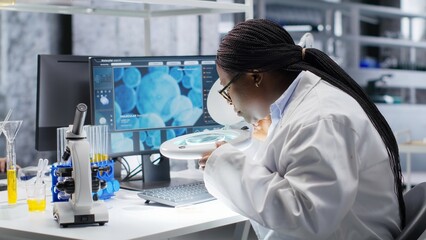 African american scientist uses magnifying glass to check Petri dish matter in biolab, laboratory experiment emphasizes microbiology and genetics research. Advancing medical research.