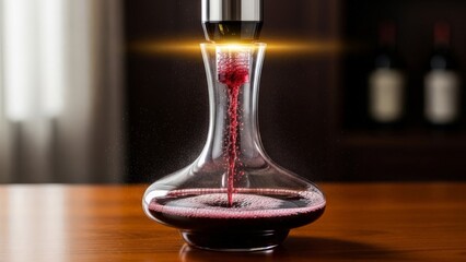Electric wine aerator pouring red wine into a crystal decanter