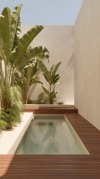 Piscina exterior rectangular rodeada de tarima de madera, muros claros y vegetaci&oacute;n tropical, destacando dise&ntilde;o minimalista, armon&iacute;a natural y est&eacute;tica contempor&aacute;nea para espacios modernos de descanso