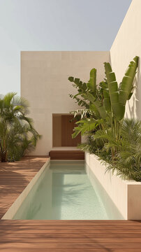 Piscina moderna con muros de piedra clara, tarima de madera y plantas tropicales, destacando dise&ntilde;o arquitect&oacute;nico limpio, vegetaci&oacute;n exuberante y atm&oacute;sfera relajante ideal para exteriores residencial