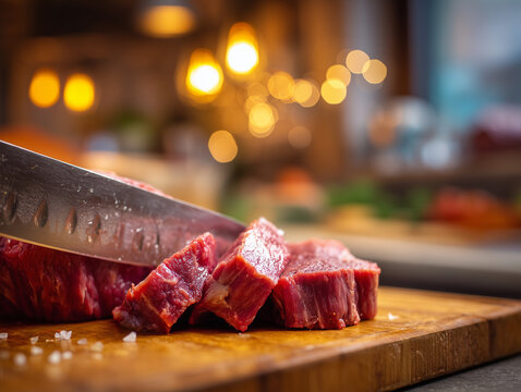 Corte preciso de carne cruda sobre tabla de madera con cuchillo afilado y sal gruesa, resaltando textura, frescura y ambiente c&aacute;lido ideal para cocina profesional, preparaci&oacute;n gourmet o restaurante