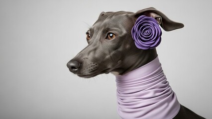 Elegant Italian Greyhound Dog Wearing a Purple Rose Accessory and Lilac Scarf
