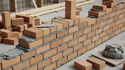 Bricklaying in progress on a construction site, building a wall with red bricks and mortar