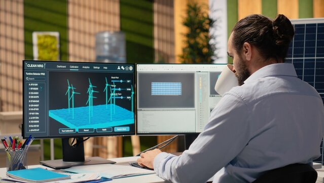 Sustainability RD expert develops integrated clean energy solutions, designing efficient solar panel production lines, simulating wind turbine farms to optimize renewable power generation, camera B