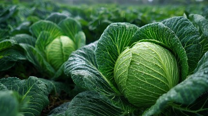 Obraz premium A serene and picturesque scene of a cabbage field, showcasing the beauty of nature and the freshness of the produce, perfect for illustrating sustainable farming practices and healthy eating.