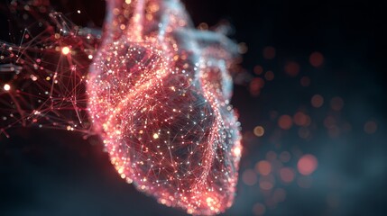 A futuristic digital representation of a heart, created with glowing red lines and dots, set against a dark background with a network effect, symbolizing the fusion of technology and biology.