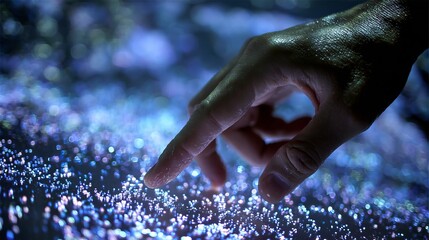 A close-up shot of a hand reaching out to touch a sparkling blue and purple light surface, conveying a sense of interaction and connection with technology.