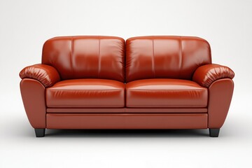Fototapeta premium Warm orange leather two seater sofa on white background, presenting modern living