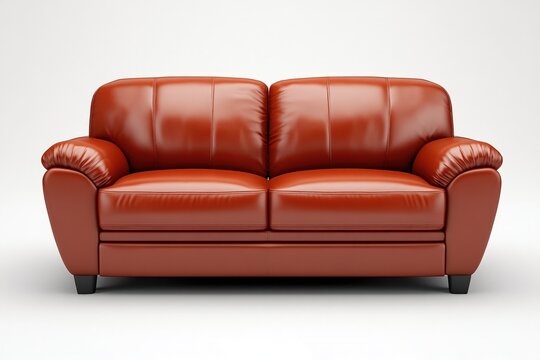 Warm orange leather two seater sofa on white background, presenting modern living
