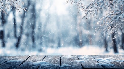 A peaceful winter scene with snow falling gently on a wooden deck in a forest, creating a serene and tranquil atmosphere.