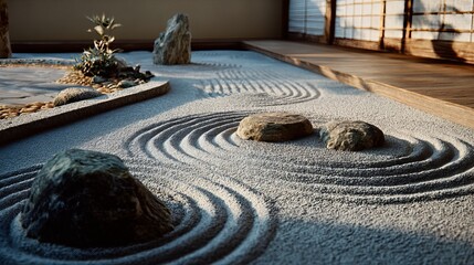 A serene Japanese rock garden featuring intricate sand patterns and strategically placed stones, creating a peaceful indoor setting perfect for meditation and relaxation.