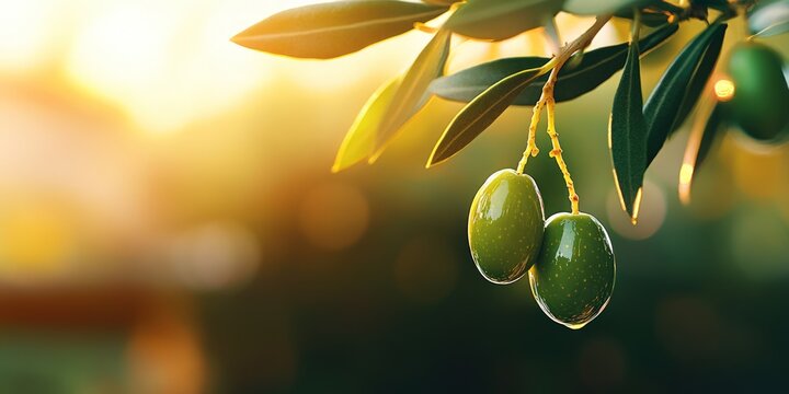 Green olive hanging from tree branch in warm golden hour light, copy space - Powered by Adobe