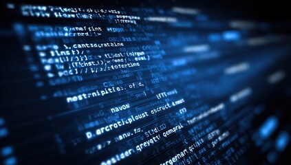 blue background with computer code and text, close-up view of the screen displaying coding lines in shades of blue Generative AI