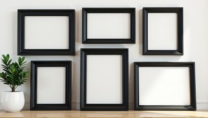 Six black wood frames, varied sizes, arranged as a collage , graphic, decoration