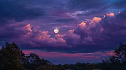 A breathtaking view of a moonlit sky with vibrant purple clouds at dusk, set against a serene landscape of silhouetted trees.