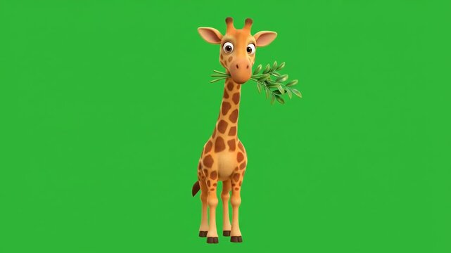 Adorable cartoon giraffe munching on green leaves with a cheerful expression, standing against a bright green background, perfect for animation and design