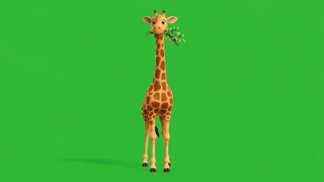 Animated cartoon giraffe chewing leaves with a playful expression on a green screen, Adorable cartoon giraffe with patterned fur enjoying a leafy snack against a bright green backdrop