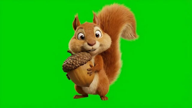 Adorable animated squirrel holding a large acorn, ready for winter, against a vibrant green screen background, cute cartoon forest creature with fluffy tail and expressive eyes