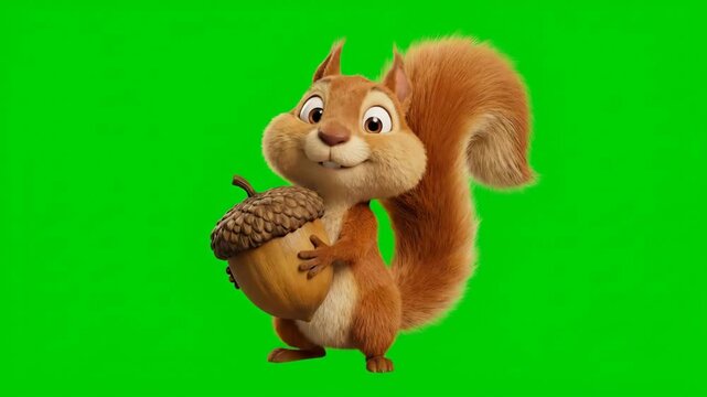 Animated cartoon squirrel holding a large acorn, isolated on a bright green background; Adorable animated squirrel with a bushy tail and a big acorn, ready for compositing