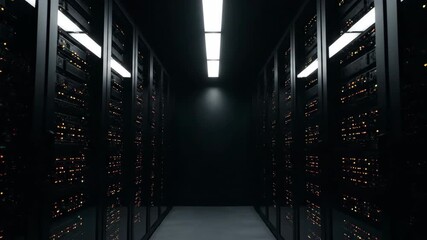 A dark server room featuring black servers and orange lights, data storage and processing happening at a central location. - Powered by Adobe