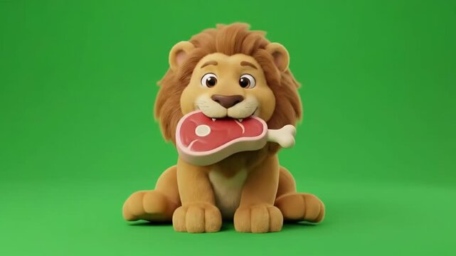 Adorable cartoon lion enjoying a juicy steak with a bone on a vibrant green background, cute animated lion character eating meat, playful creature with a big mane