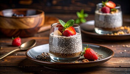 A close-up shot of a healthy dessert with fresh strawberries and chia seeds, arranged beautifully