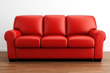 Red leather three seater sofa standing in modern empty room with white wall and natural wood floor