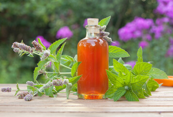mint essential oil in  beautiful bottle on table