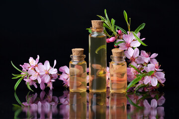 Essence of flowers on table in beautiful glass jar