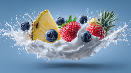 Fresh Berries and Pineapple Splash in Creamy Milk