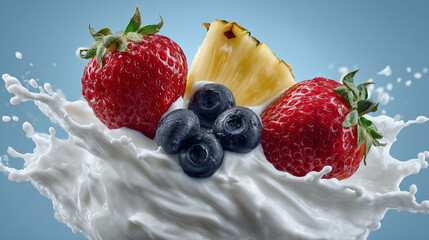 Fresh fruits splashing into creamy milk studio shot