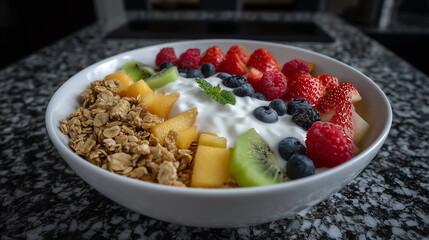 Healthy fruit and granola yogurt bowl for breakfast